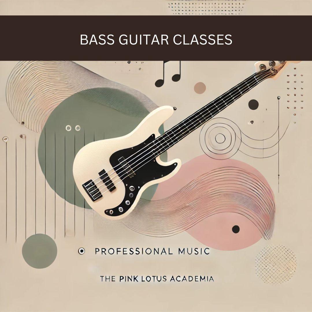 Minimal abstract illustration featuring elegant bass guitar strings symbolizing music classes at The Pink Lotus Academia.