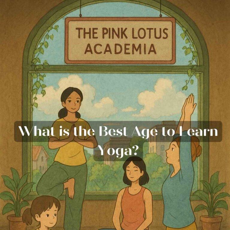 A Studio Ghibli-style illustration of four diverse individuals practicing yoga on colorful mats inside The Pink Lotus Academia, a tranquil pastel-toned studio in New Delhi with large arched windows revealing a peaceful urban landscape.