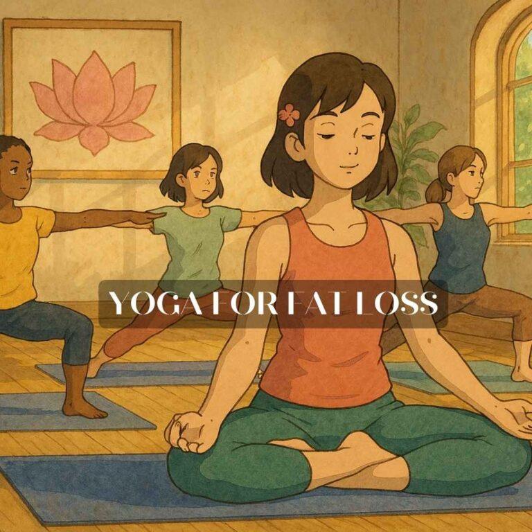 Aesthetic Ghibli-style illustration of women practicing yoga in Greater Kailash 2, New Delhi — Sunlit studio with pink lotus decor and top 10 fat loss yoga poses, perfect visual for best yoga classes for women in South Delhi.