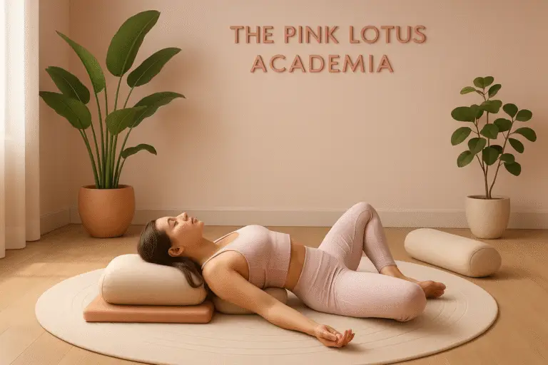 A woman practicing Supta Baddha Konasana during menstruation in a serene yoga studio with soft lighting, representing gentle menstrual yoga at The Pink Lotus Academia.