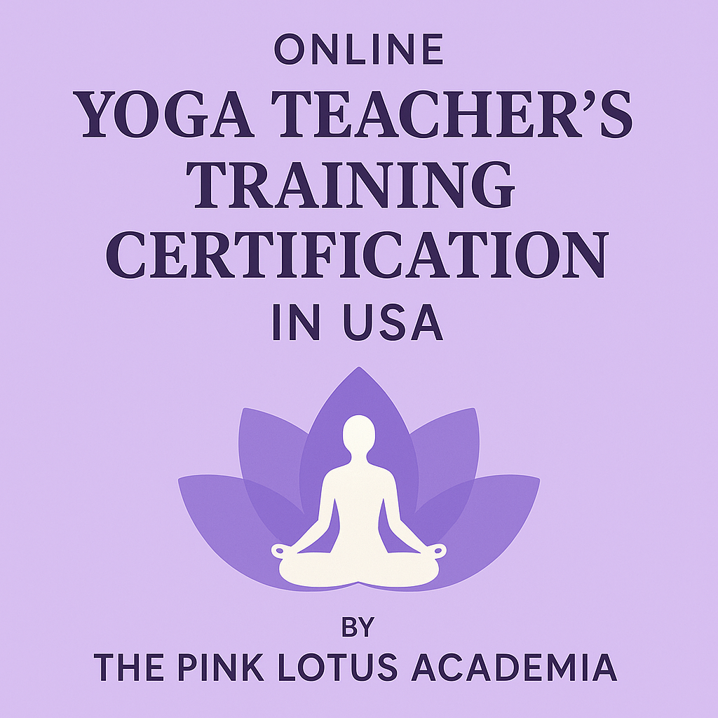 Minimalistic digital poster promoting Online Yoga Teacher’s Training Certification in USA by The Pink Lotus Academia with lotus symbol and meditating figure
