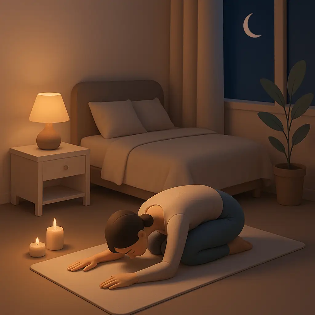 A 3D illustration of a woman in child’s pose practicing yoga at night in a softly lit bedroom