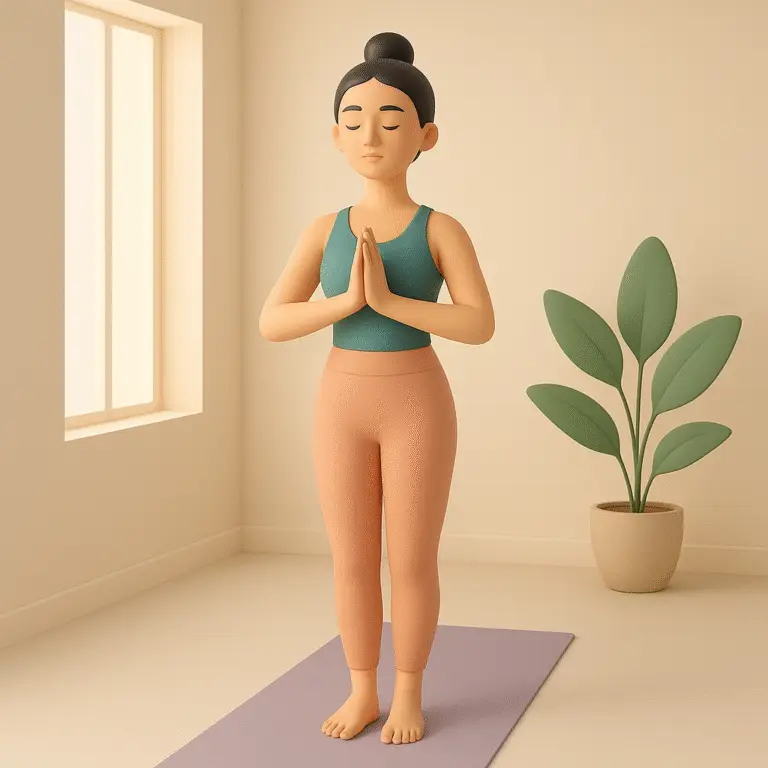 A 3D-rendered woman practicing Tadasana pose in a softly-lit minimalist yoga room with a plant and window light