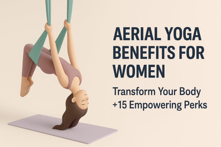 A 3D-rendered woman performing aerial yoga in a minimalistic setup, symbolizing strength, flexibility, and wellness for women.