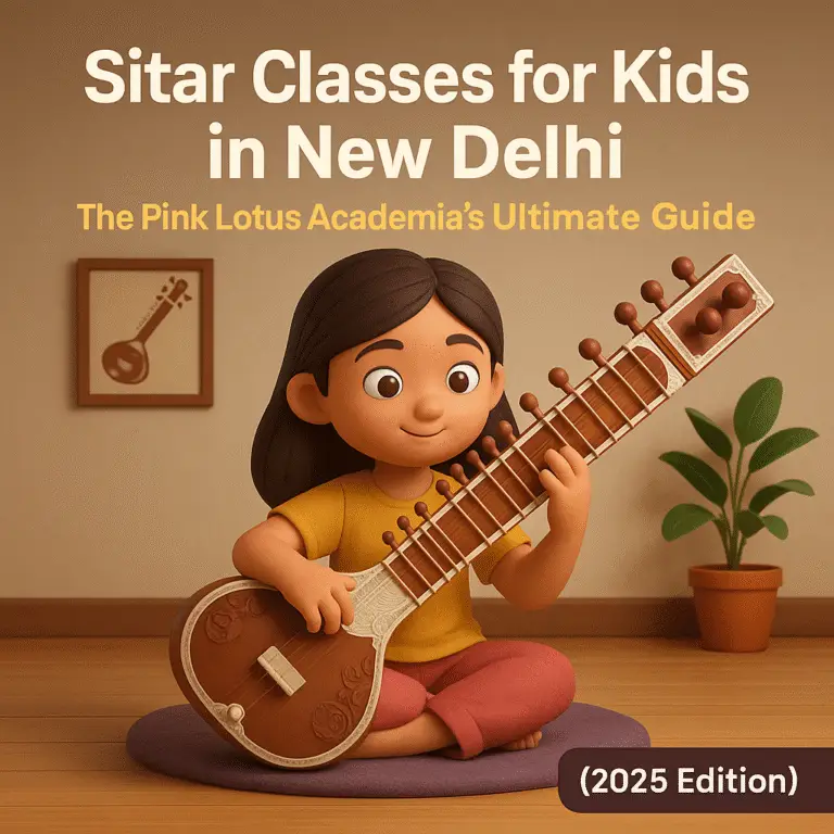 Child learning sitar in a 3D illustration, representing sitar classes for kids in New Delhi at The Pink Lotus Academia.