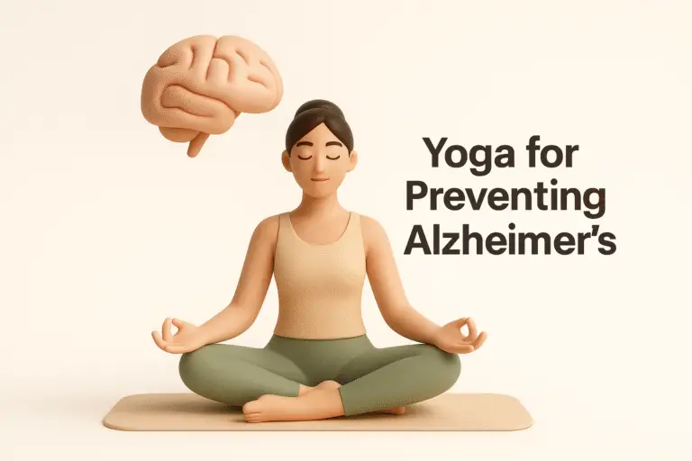 Minimal 3D illustration of a woman practicing yoga in lotus pose with a brain icon above, representing yoga for preventing Alzheimer’s at The Pink Lotus Academia, India’s best yoga class.