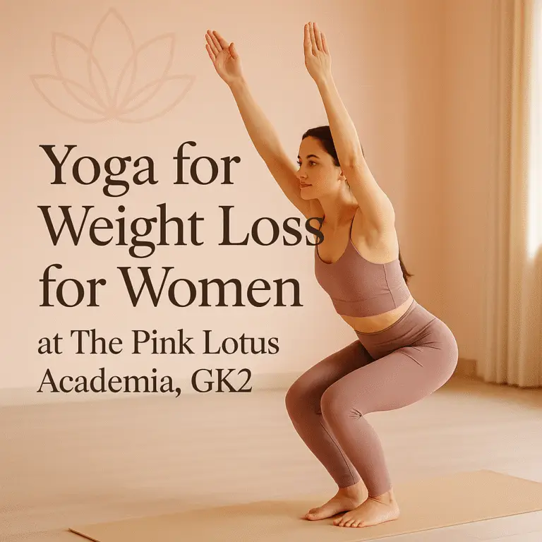 A woman practicing yoga in Chair Pose at The Pink Lotus Academia studio in GK2, New Delhi, promoting weight loss for women