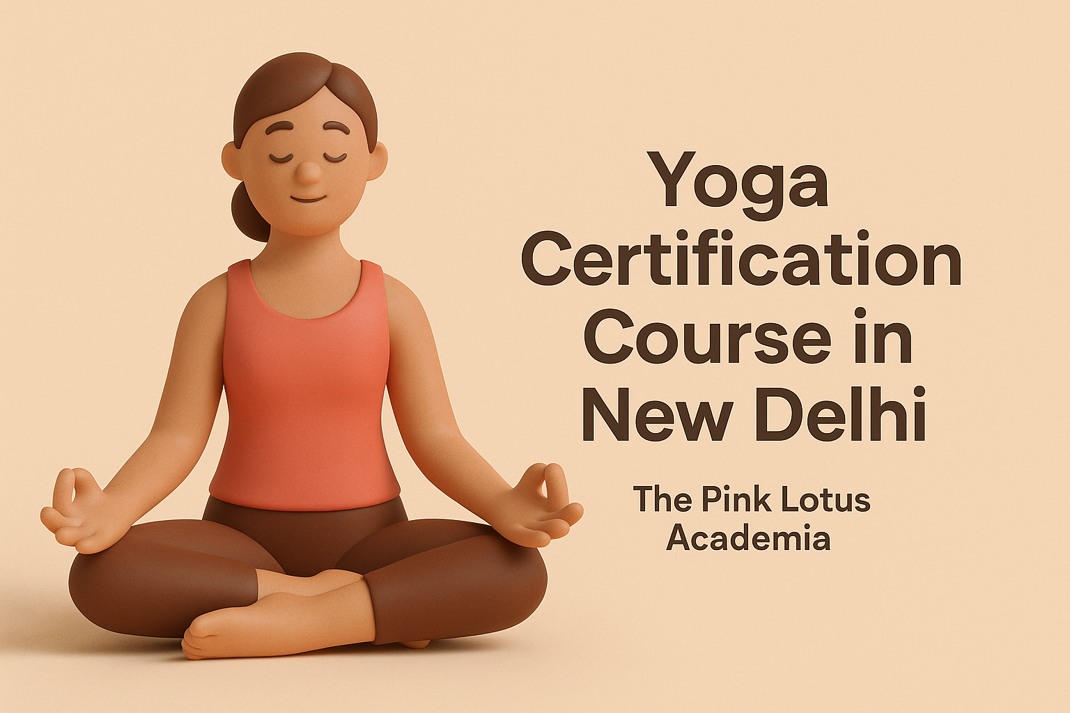 3D clay-style illustration of a woman meditating in Padmasana pose with text “Yoga Certification Course in New Delhi – The Pink Lotus Academia,” minimalist and aesthetic design in warm tones.