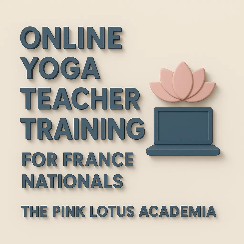 Online Yoga Teacher Training for France Nationals by The Pink Lotus Academia – minimal 3D aesthetic image featuring laptop, lotus flower, and soft pastel tones representing digital yoga education.