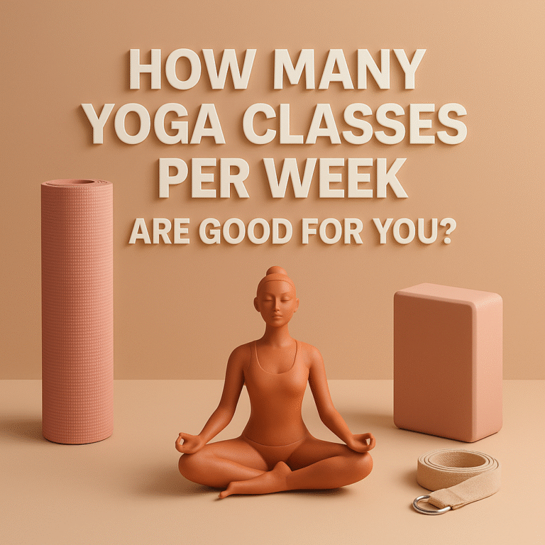 3D aesthetic yoga setup showing a serene terracotta figurine in lotus pose with yoga mat, block, and strap, representing The Pink Lotus Academia yoga classes in GK2 New Delhi.