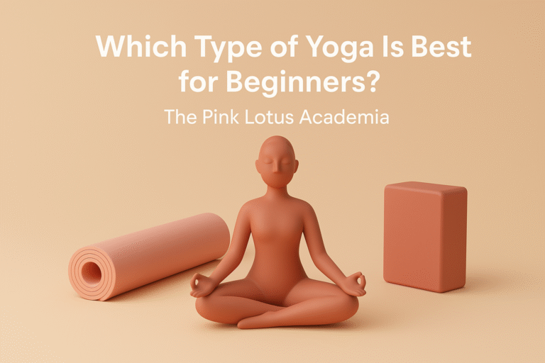 Minimalistic 3D image of a yoga figure meditating beside a yoga mat and block in soft peach tones, representing The Pink Lotus Academia’s beginner yoga classes in GK2, New Delhi.