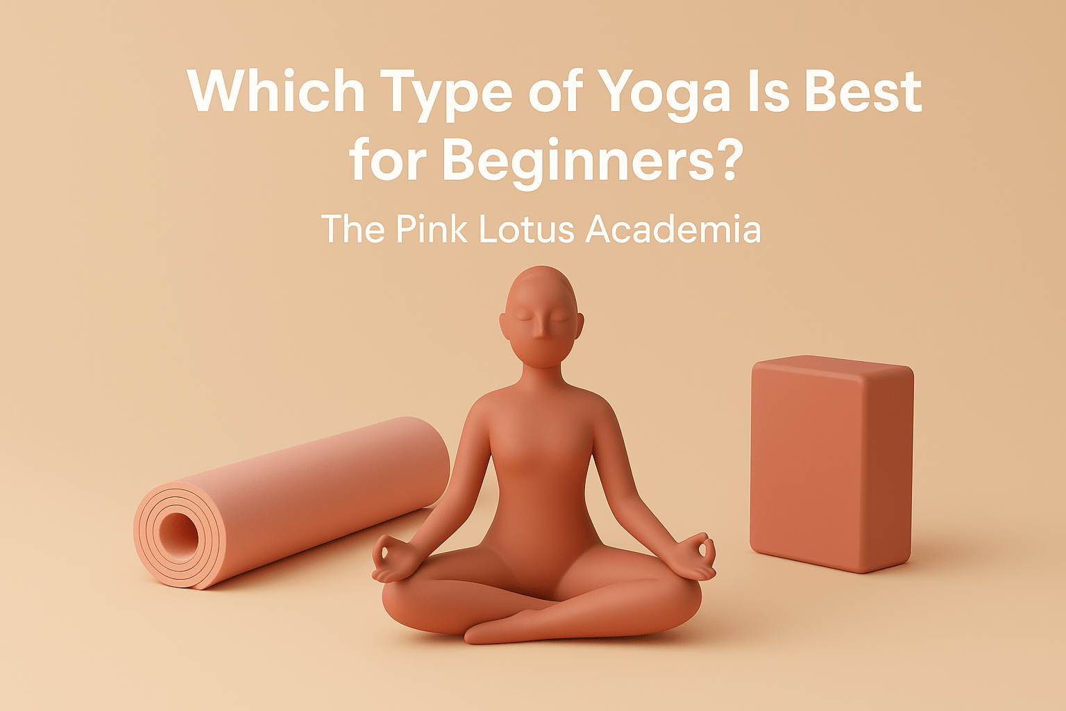 Minimalistic 3D image of a yoga figure meditating beside a yoga mat and block in soft peach tones, representing The Pink Lotus Academia’s beginner yoga classes in GK2, New Delhi.