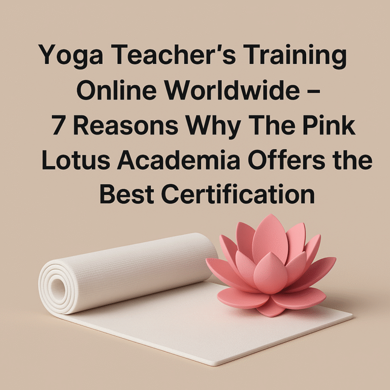 3D minimalist yoga illustration with lotus and yoga mat symbolizing The Pink Lotus Academia’s Yoga Teacher Training Online Worldwide
