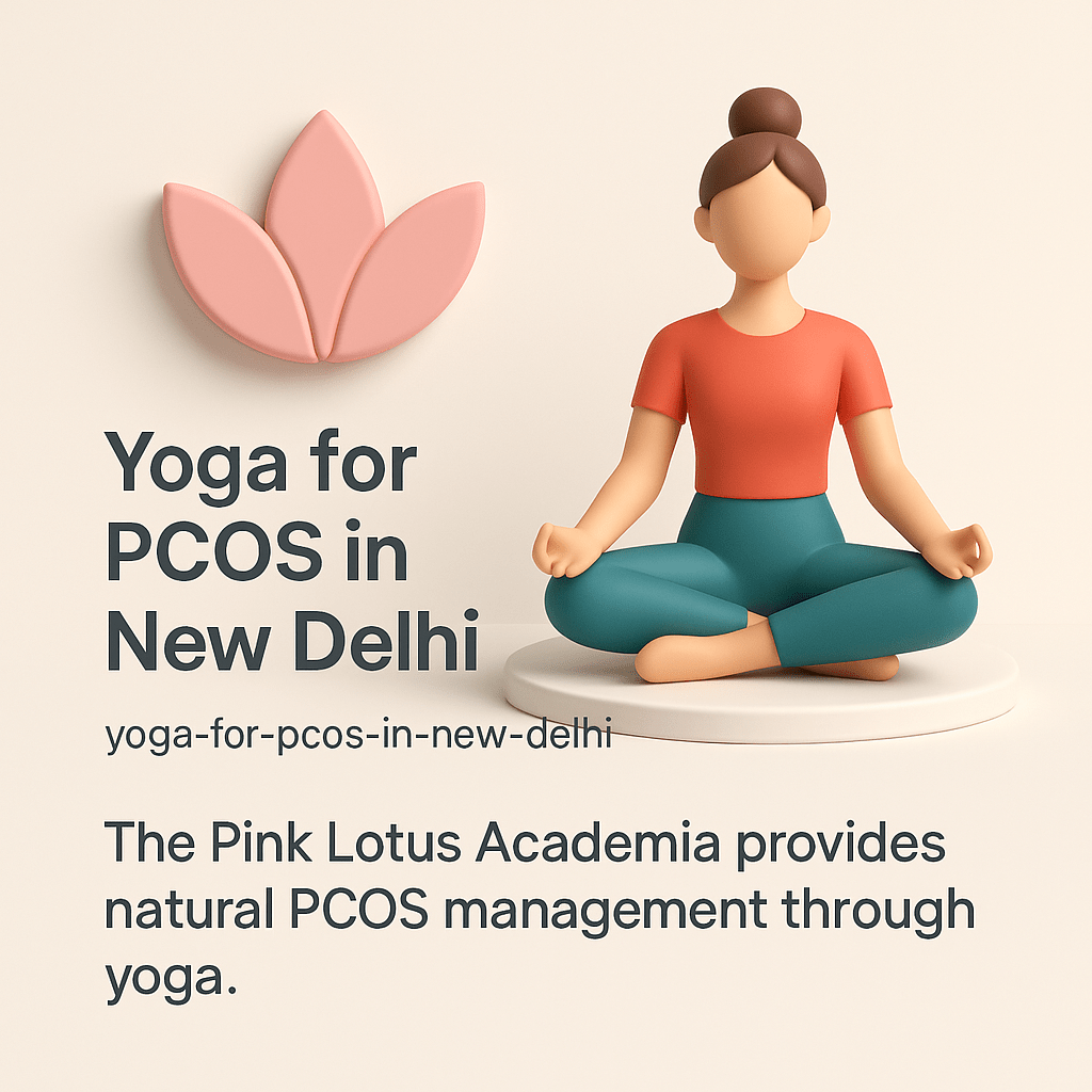 Minimalistic 3D illustration of a woman practicing yoga for PCOS at The Pink Lotus Academia in Greater Kailash, New Delhi, promoting natural hormonal balance and women’s wellness.