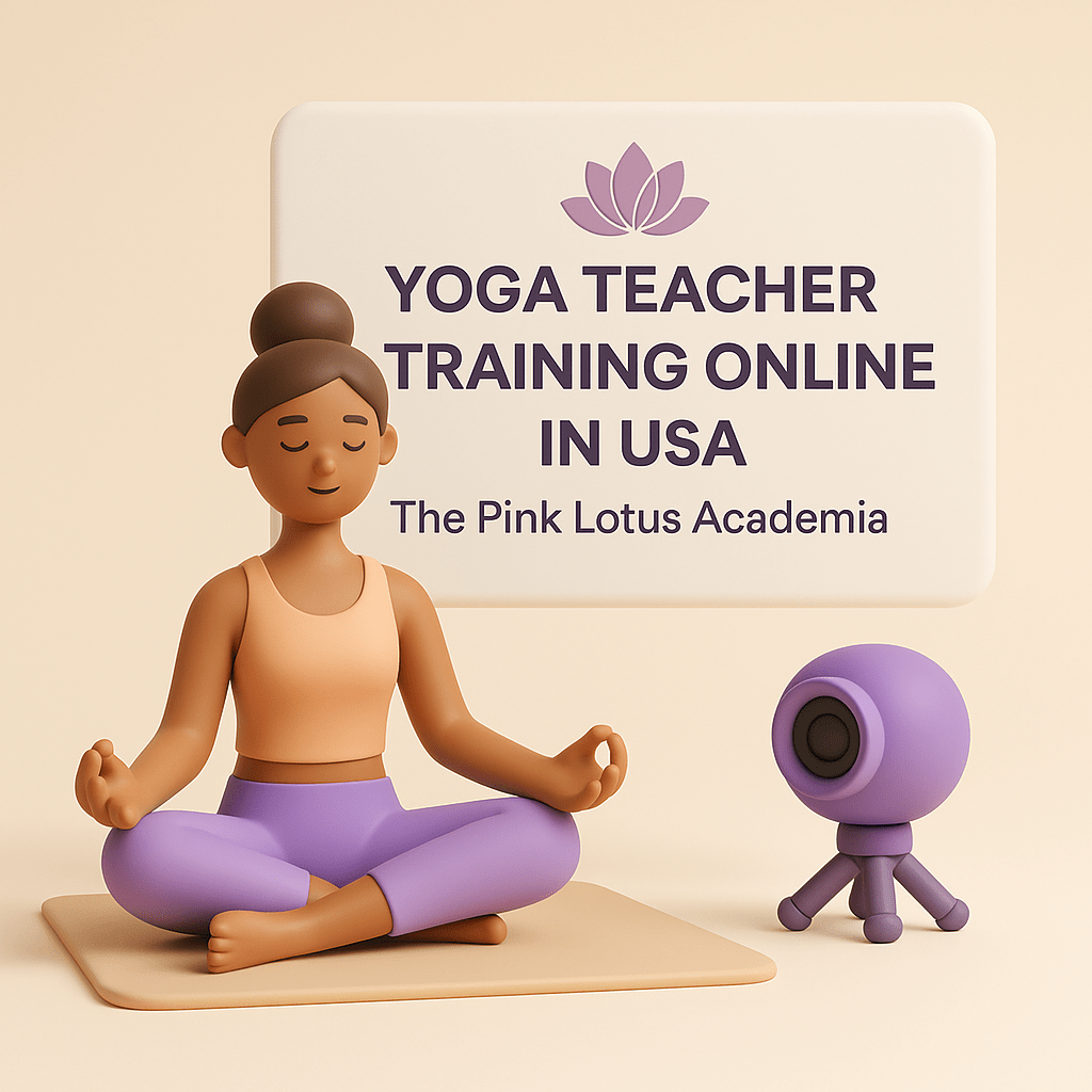 3D aesthetic illustration of an online yoga teacher training session with a woman meditating beside a webcam, representing The Pink Lotus Academia’s premium online yoga certification program for students in the USA.