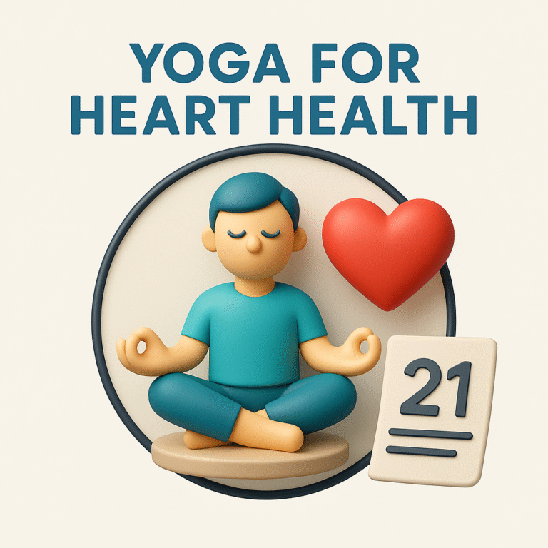 Minimal 3D illustration of a person meditating with a heart symbol, representing yoga for heart health and cardiovascular wellness.