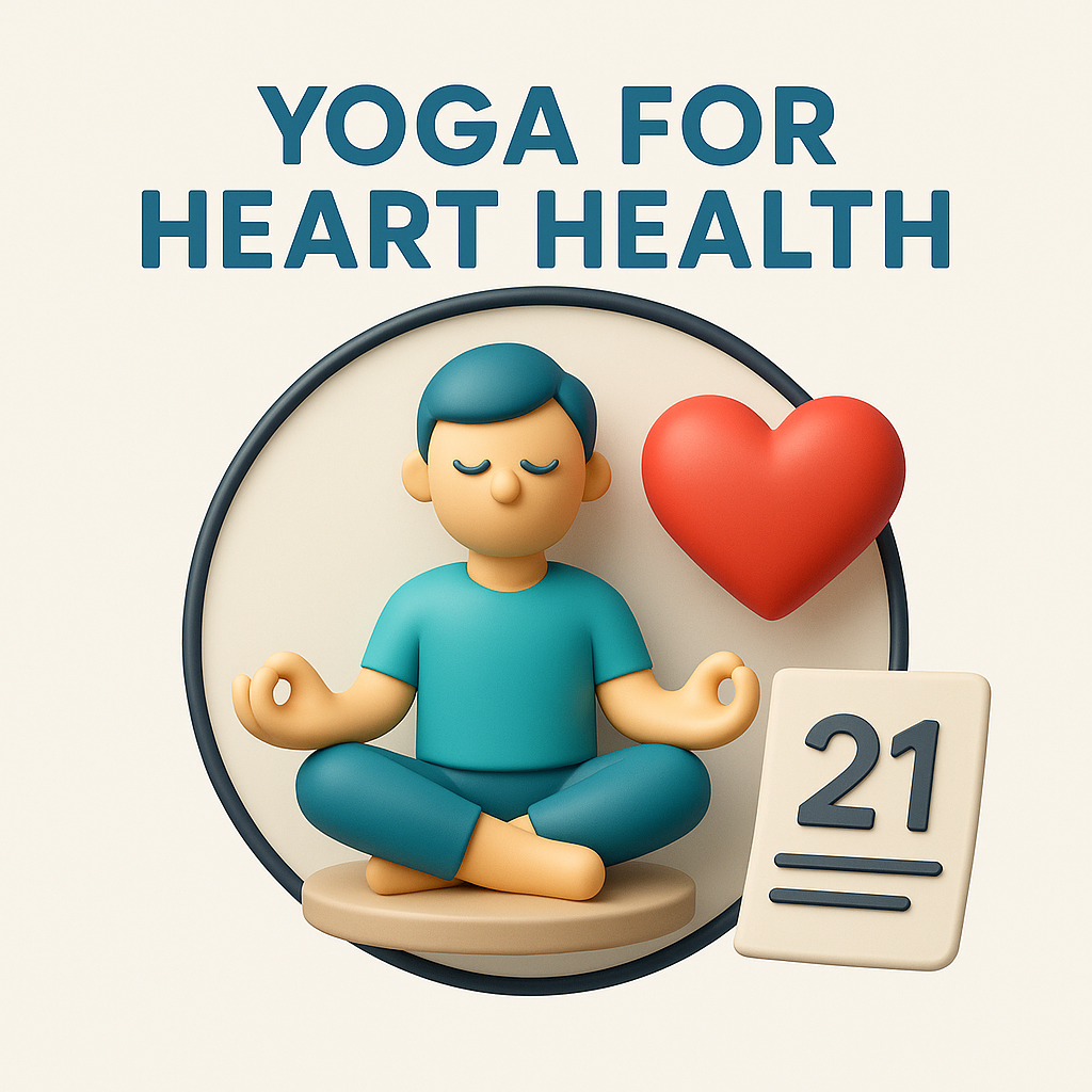 Minimal 3D illustration of a person meditating with a heart symbol, representing yoga for heart health and cardiovascular wellness.