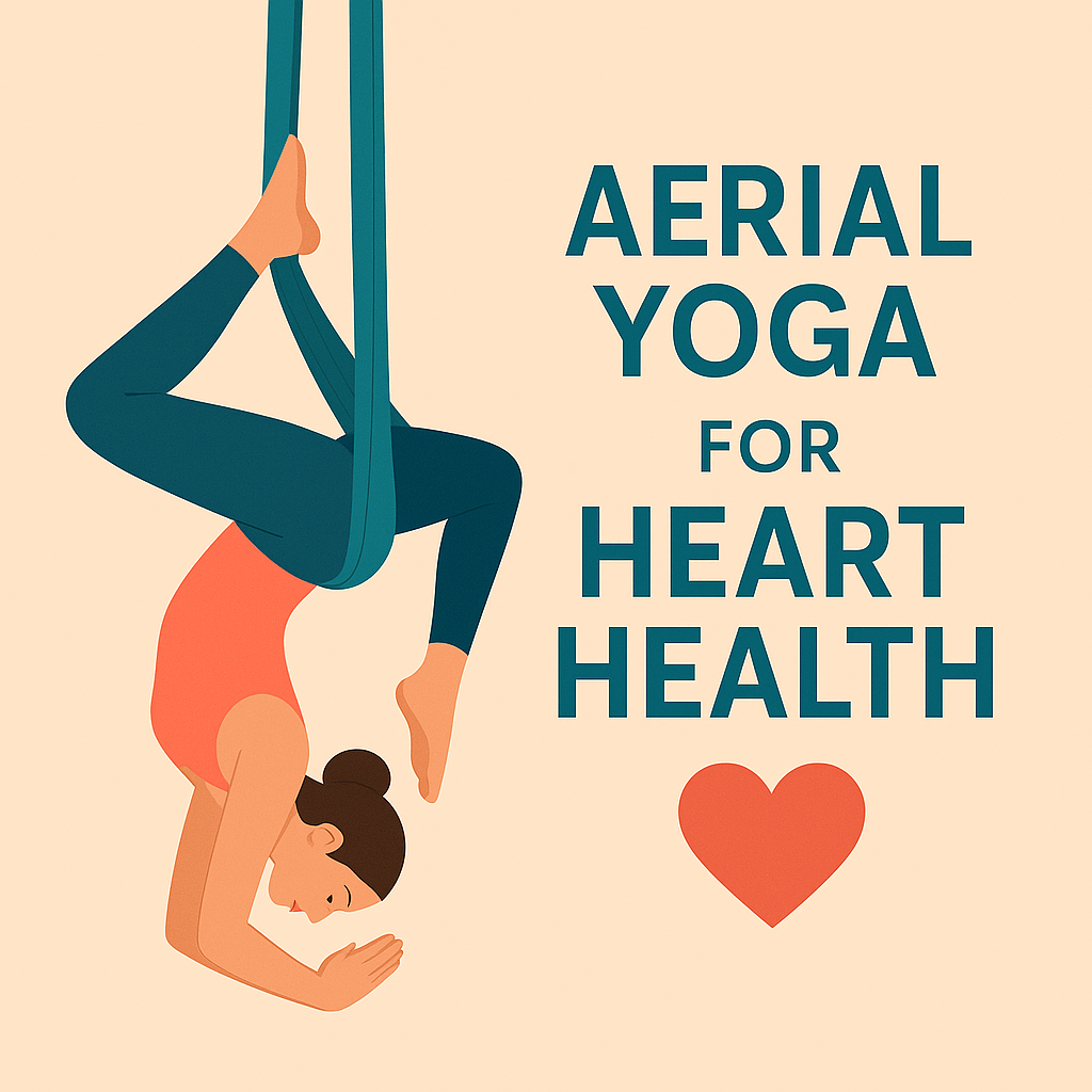Minimal 3D-style illustration of a woman performing aerial yoga in a suspended hammock, symbolizing heart health and cardiovascular wellness.