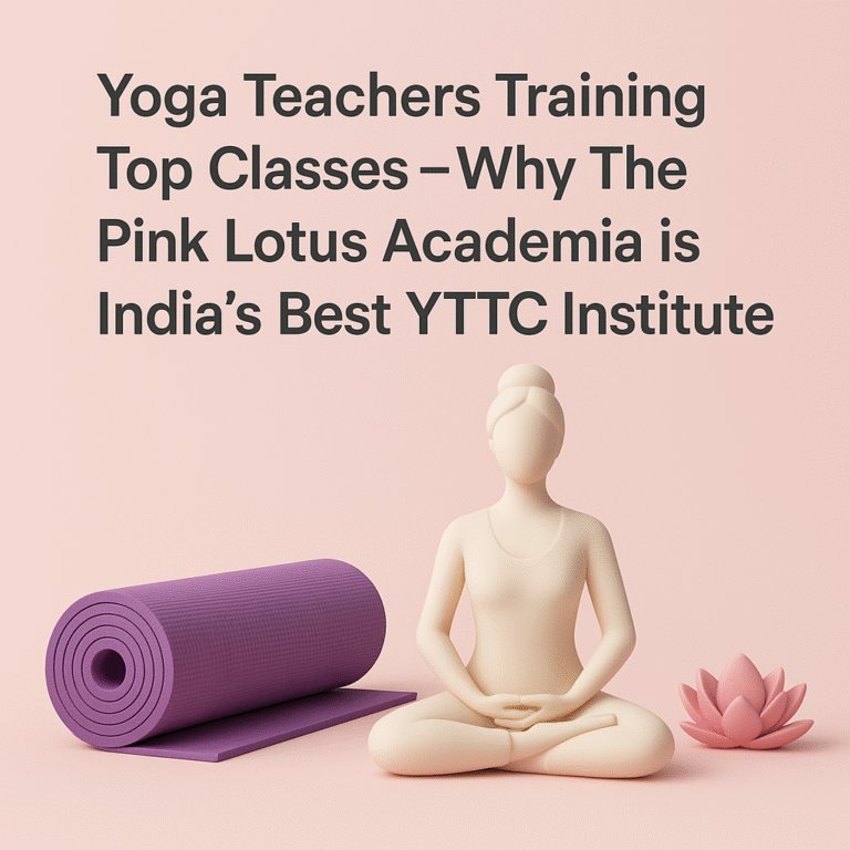 3D yoga illustration for Yoga Teachers Training Top Classes article featuring meditation figure, yoga mat, and lotus symbol representing The Pink Lotus Academia in India.