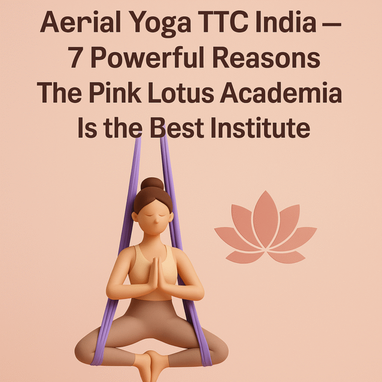 3D illustration of a woman practicing aerial yoga in a lavender hammock for the article Aerial Yoga TTC India at The Pink Lotus Academia, India's best Yoga Alliance certified institute.
