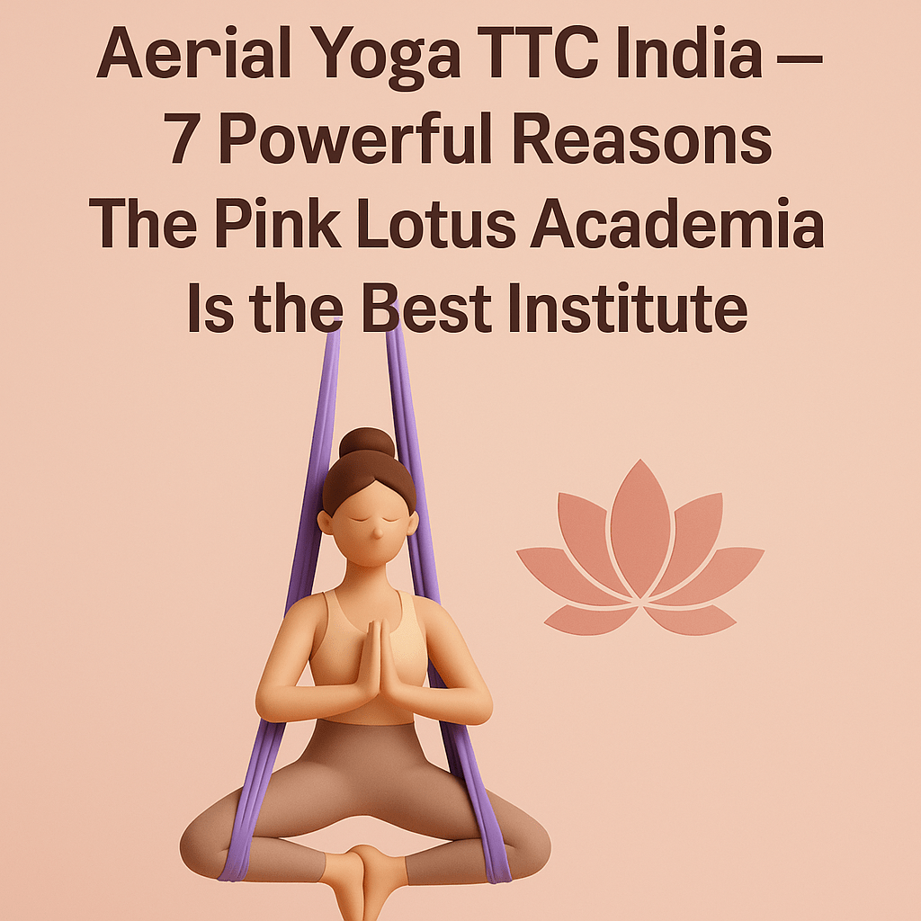 3D illustration of a woman practicing aerial yoga in a lavender hammock for the article Aerial Yoga TTC India at The Pink Lotus Academia, India's best Yoga Alliance certified institute.