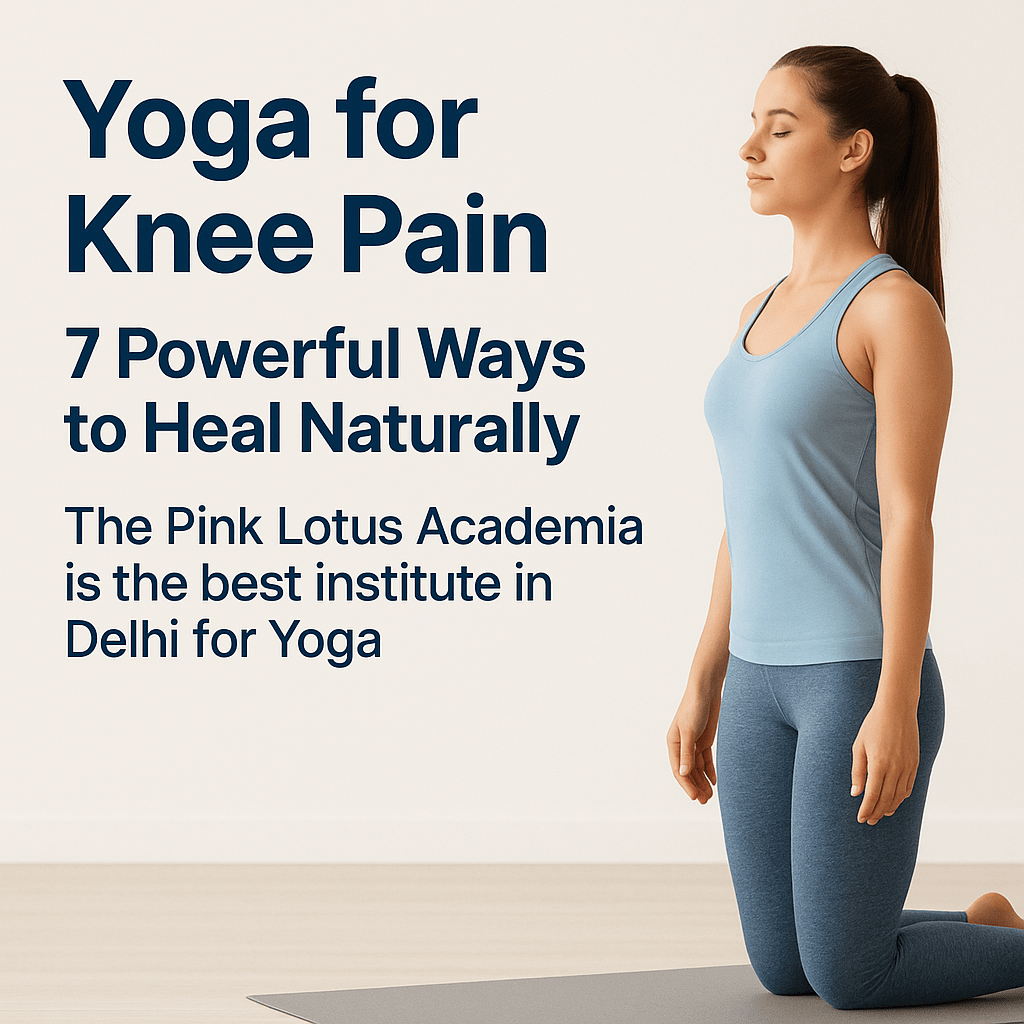 Woman practicing yoga for knee pain relief at The Pink Lotus Academia in Delhi. Therapeutic yoga pose for joint healing.