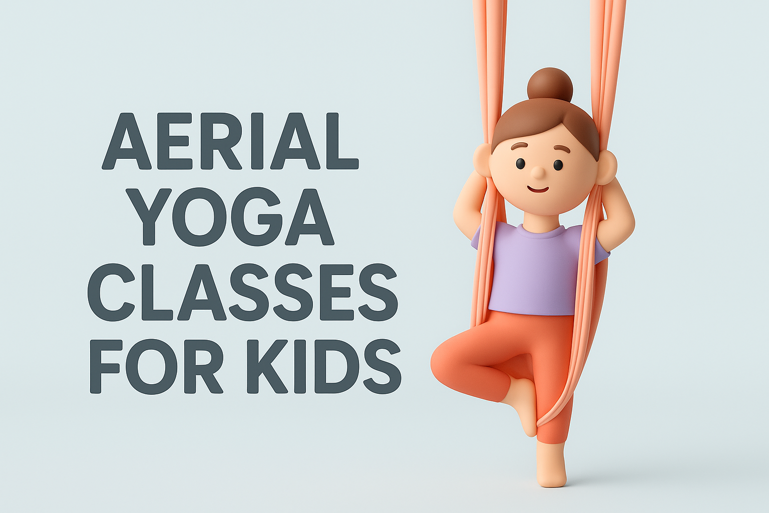 3D minimalistic illustration of a child practicing aerial yoga in a pastel studio at The Pink Lotus Academia, GK2 and CR Park, New Delhi.