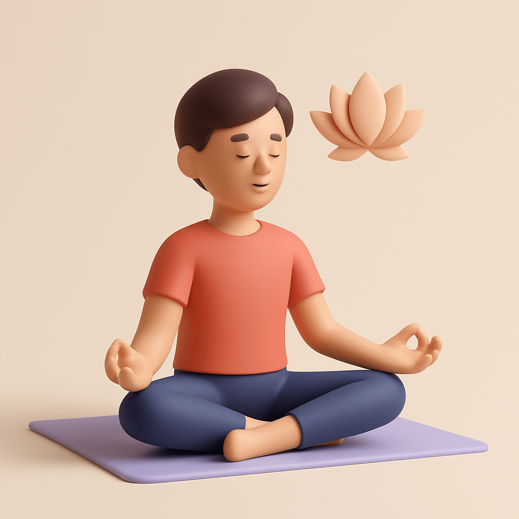 3D clay style illustration of a person practicing Hatha Yoga in a seated meditation pose, representing balance, breath awareness, and calm