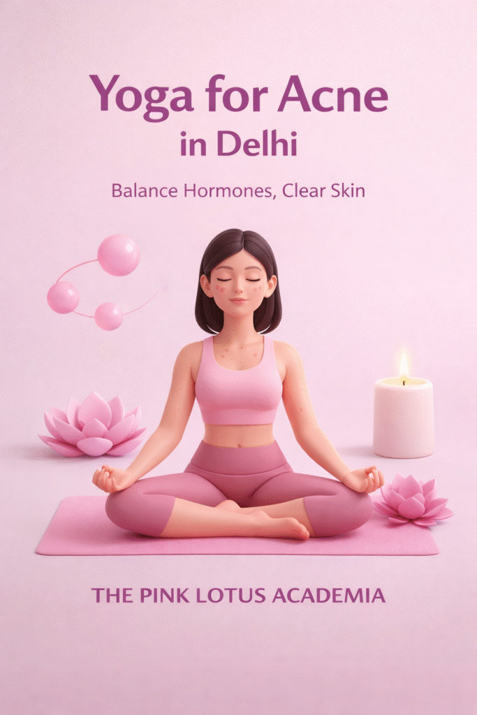 Minimal 3D illustration of a woman practicing yoga for acne in Delhi at The Pink Lotus Academia for hormonal balance and clear skin
