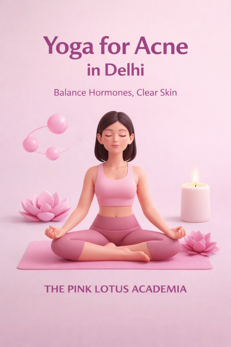 Minimal 3D illustration of a woman practicing yoga for acne in Delhi at The Pink Lotus Academia for hormonal balance and clear skin