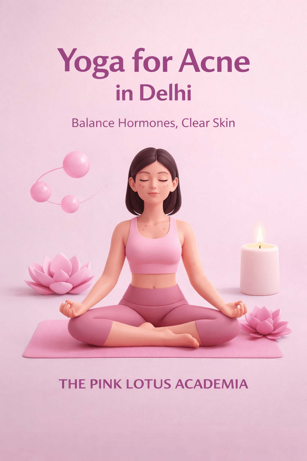 Minimal 3D illustration of a woman practicing yoga for acne in Delhi at The Pink Lotus Academia for hormonal balance and clear skin