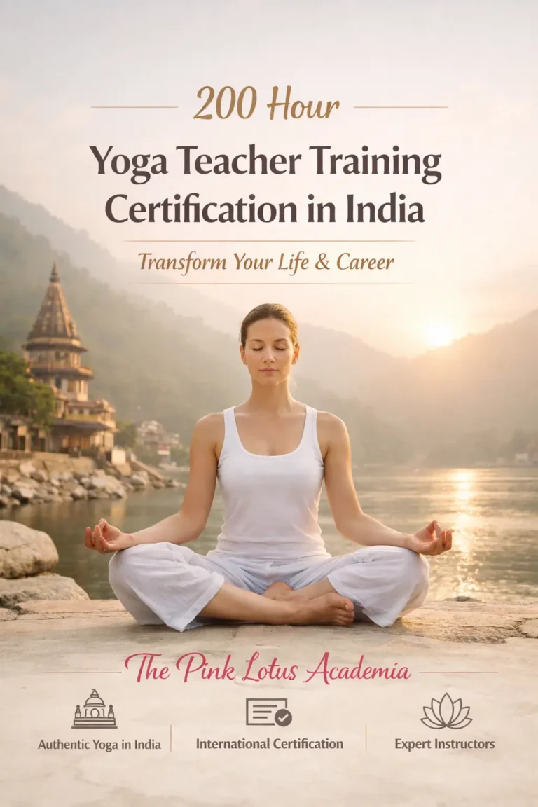 A woman practicing meditation by the Ganges in India representing 200 hour yoga teacher training certification in India at The Pink Lotus Academia.