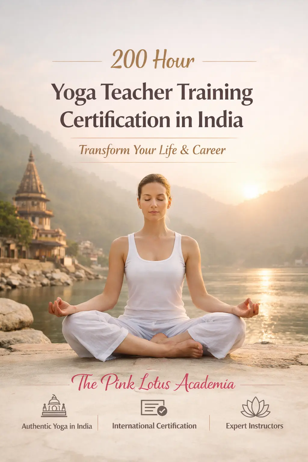 A woman practicing meditation by the Ganges in India representing 200 hour yoga teacher training certification in India at The Pink Lotus Academia.