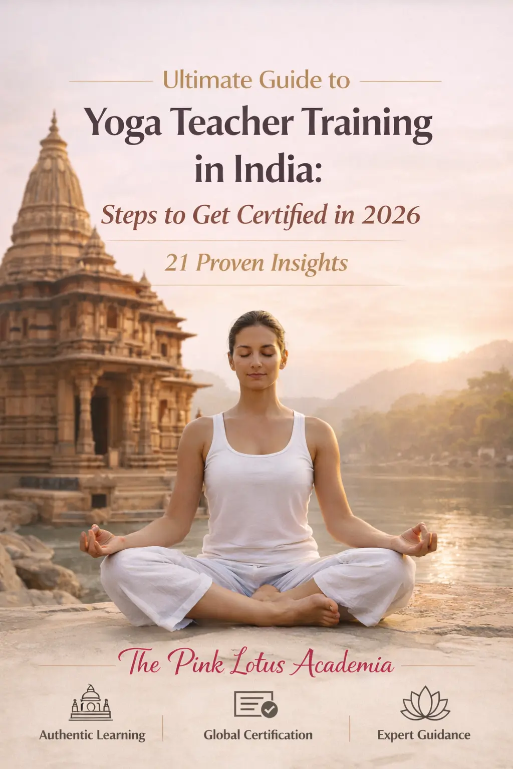 A South Asian woman meditating near an Indian temple representing yoga teacher training in India 2026 at The Pink Lotus Academia.