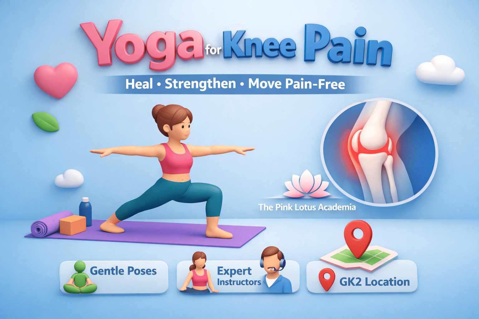 Minimal 3D illustration of a woman practicing yoga for knee pain relief, showing gentle alignment-based poses at The Pink Lotus Academia in GK2, New Delhi