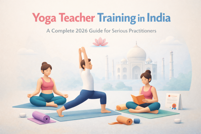Minimalistic illustration of yoga teacher training in India showing practitioners learning and practicing yoga, representing professional yoga certification and education at The Pink Lotus Academia