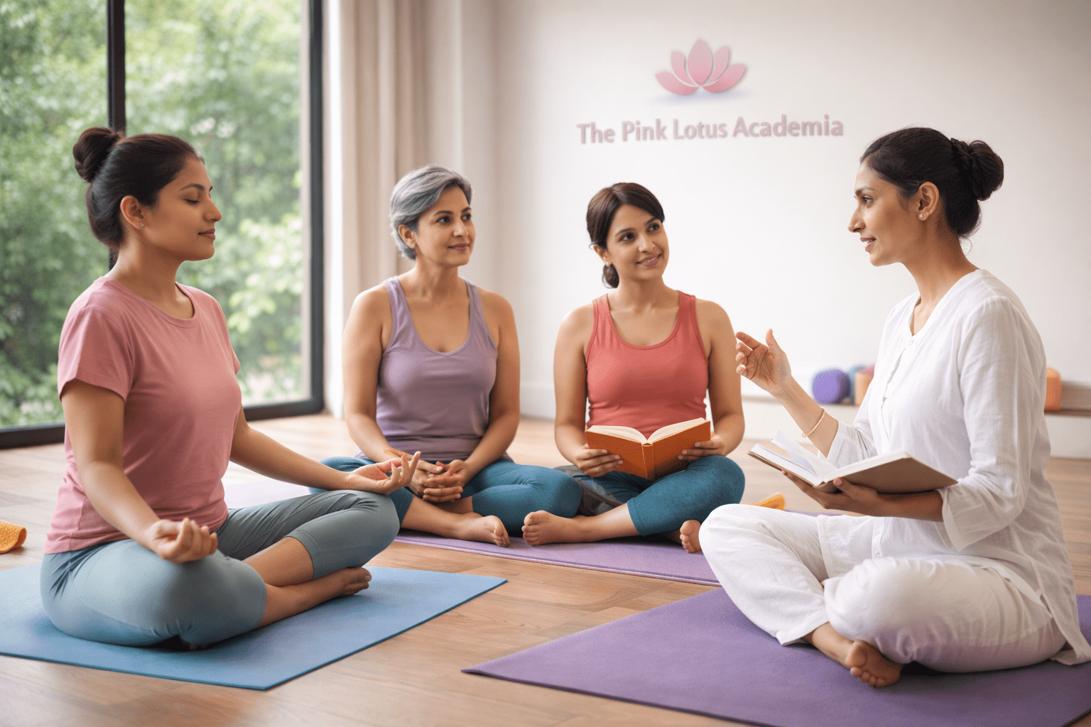 Hyperrealistic image of women participating in yoga teacher training in India, learning in a safe and supportive women-only environment at The Pink Lotus Academia in Delhi