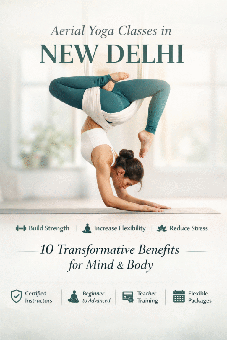 Aerial Yoga Classes in New Delhi with anti-gravity hammock pose showing strength and flexibility training