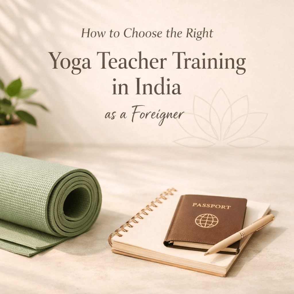 Minimalistic article poster showing yoga mat, passport, and notebook symbolizing how to choose the right yoga teacher training in India as a foreigner