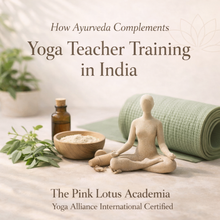 Minimal aesthetic poster showing meditating figurine, yoga mat, and Ayurvedic herbs representing how Ayurveda complements yoga teacher training in India