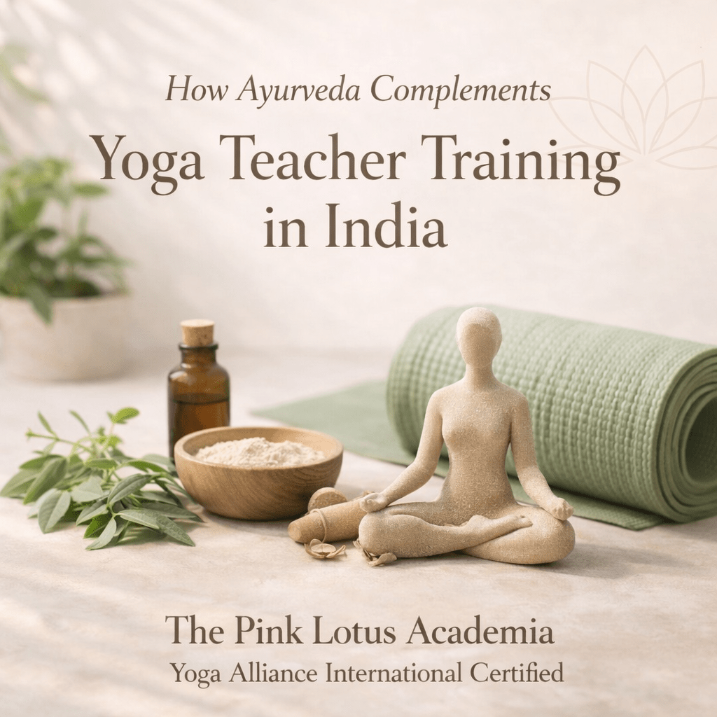Minimal aesthetic poster showing meditating figurine, yoga mat, and Ayurvedic herbs representing how Ayurveda complements yoga teacher training in India