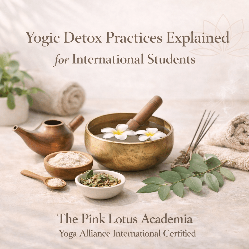Minimal aesthetic poster featuring singing bowl, copper neti pot, Ayurvedic herbs and incense representing yogic detox practices explained for international students in India