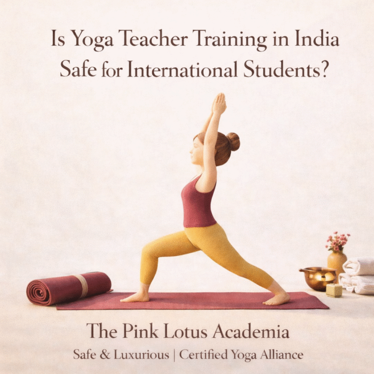 Clay animated woman performing Veerbhadrasana on plain neutral background representing yoga teacher training in India safe for international students