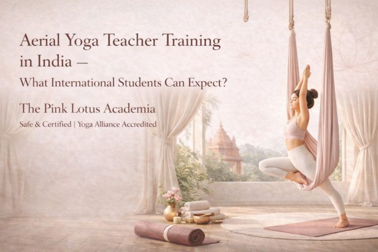 Woman practicing aerial yoga in hammock inside luxury studio in India representing aerial yoga teacher training for international students