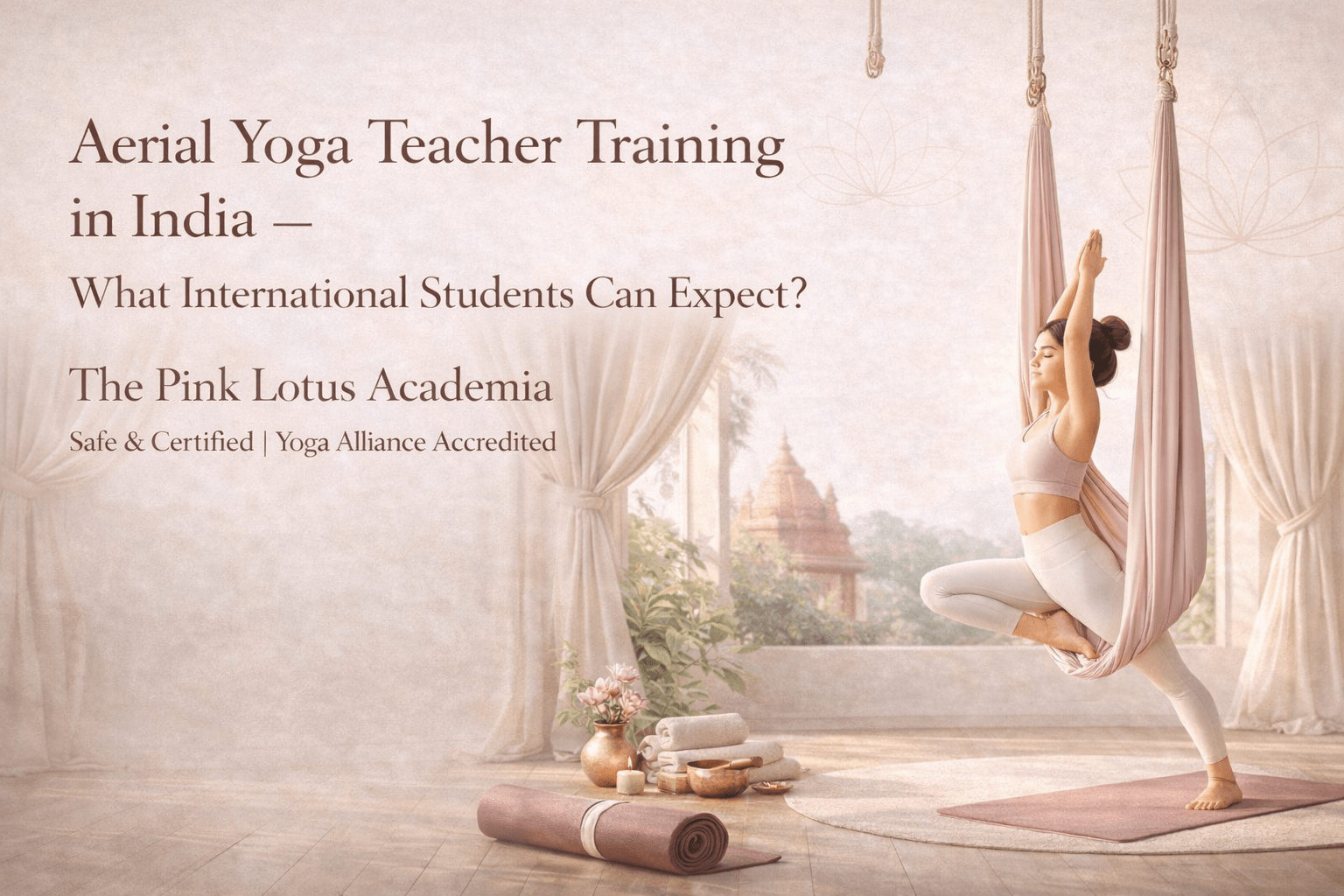 Woman practicing aerial yoga in hammock inside luxury studio in India representing aerial yoga teacher training for international students