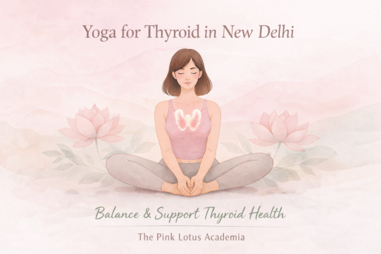 Woman practicing therapeutic yoga for thyroid health at The Pink Lotus Academia yoga classes in New Delhi
