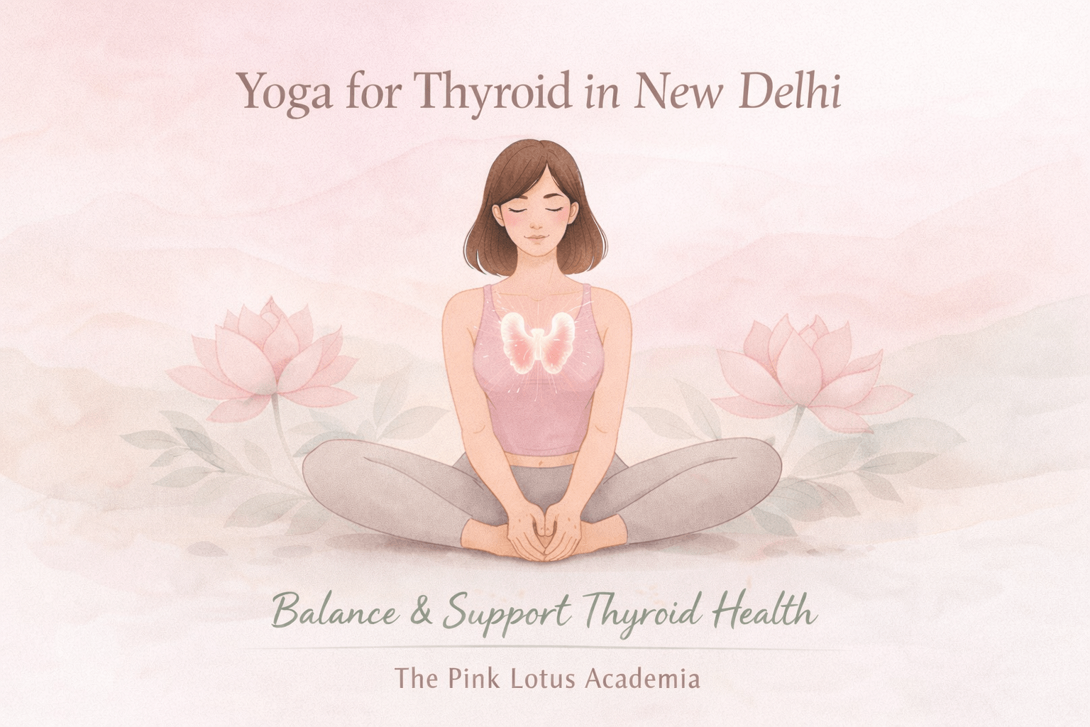Woman practicing therapeutic yoga for thyroid health at The Pink Lotus Academia yoga classes in New Delhi