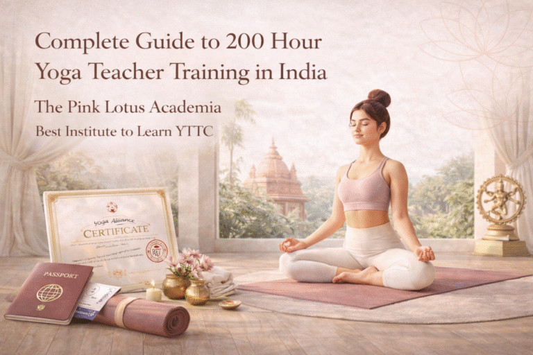 Woman meditating in yoga studio representing 200 hour yoga teacher training in India at The Pink Lotus Academia