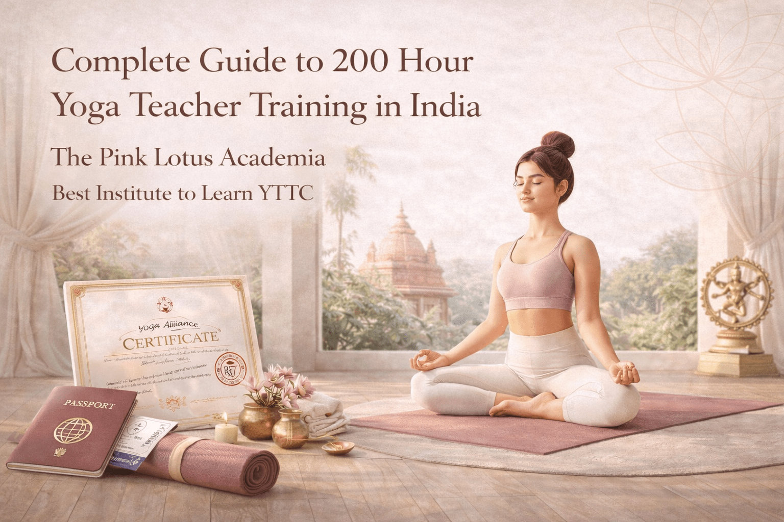 Woman meditating in yoga studio representing 200 hour yoga teacher training in India at The Pink Lotus Academia