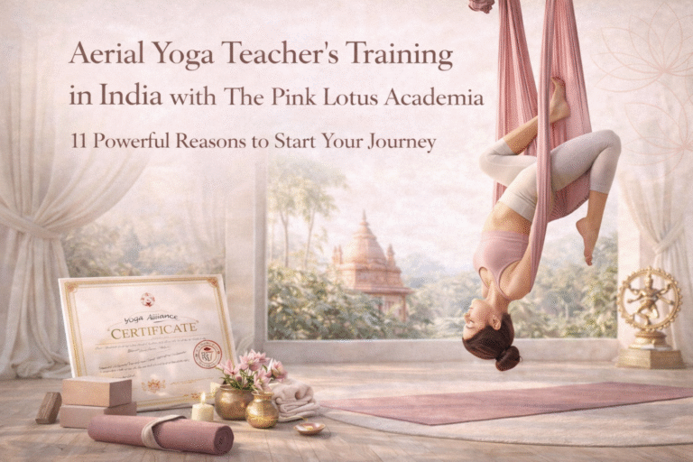 Woman performing aerial yoga in hammock during aerial yoga teacher training in India at The Pink Lotus Academia